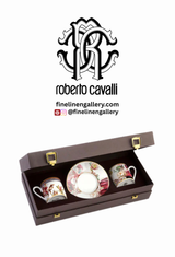 RCHPFL124S1  Roberto Cavalli Home Coffee Cup & Saucer FLOWERS MODEL D-A Set of 2 in Luxury Box diam. 2.3", H 2.5", Cap. 4 oz, Saucer diam. 4.75"