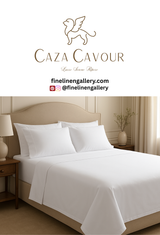 Caza Cavour 400TC Egyptian Cotton Percale Sheet Set with hemstitch detailing, featuring smooth, crisp white sheets for luxurious comfort.