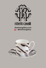 Roberto Cavalli Home Coffee Cup & Saucer TIGER Set of 2 in Luxury Box diam. 2.3", H 2.5", Cap. 4 oz, Saucer diam. 4.75"