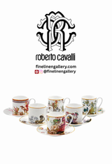 Roberto Cavalli Home Coffee Cup & Saucer FLOWERS Set of 6 in Luxury Box diam. 2.3", H 2.5", Cap. 4 oz, Saucer diam. 4.75"