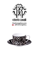 Roberto Cavalli Home Tea Cup & Saucer ZEBRA Set of 2 in Luxury Box diam. 3.3", H 2.3", cap. 7.5 oz, Saucer diam. 6"