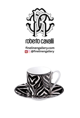 Roberto Cavalli Home Coffee Cup & Saucer ZEBRA Set of 2 in Luxury Box diam. 2.3", H 2.5", Cap. 4 oz, Saucer diam. 4.75"