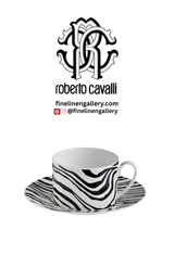 Roberto Cavalli Home Tea Cup & Saucer ZEBRAGE Set of 2 in Luxury Box 3.3", H 2.3", cap. 7.5 oz, Saucer diam. 6"