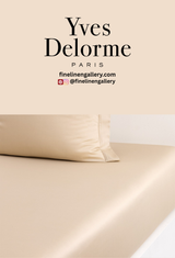 Yves Delorme Apollon Duvet Cover Dune with fitted sheet featuring elegant beige and taupe geometric pattern on soft fabric
