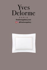Yves Delorme Duo Sham in elegant beige with subtle embroidery, showcasing luxurious linen bedding from Palais Royal Linen Gallery.