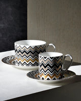 Missoni Home Tea Cup & Saucer ZIG ZAG Set of 2 in Luxury Box Gold diam. 3.3", H 2.3", cap. 7.5 oz, Saucer diam. 6"
