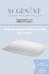 St Geneve Ziegler Goose Down Pillow with 850 loft, showing smooth, white pillow filled with high-quality down feathers.