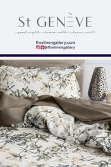 St. Geneve Paloma duvet cover with elegant floral pattern in soft pastel colors on crisp white fabric.