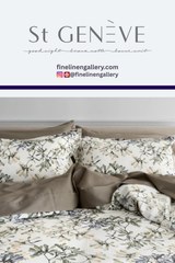 St. Geneve Paloma duvet cover with intricate floral pattern in soft neutral tones, displayed on a neatly made bed.