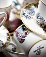 Roberto Cavalli Home Coffee Cup & Saucer FLOWERS Set of 6 in Luxury Box diam. 2.3", H 2.5", Cap. 4 oz, Saucer diam. 4.75"