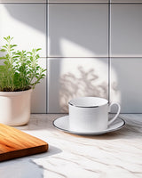 Roberto Cavalli Home Tea Cup & Saucer LIZARD PLATIN Set of 2 in Luxury Box diam. 3.3", H 2.3", cap. 7.5 oz, Saucer diam. 6"