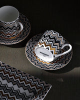Missoni Home Coffee Cup & Saucer ZIG ZAG Set of 2 in Luxury Box Gold diam. 2.3", H 2.5", Cap. 4 oz, Saucer diam. 4.75" - Palais Royal Linen Gallery