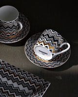 Missoni Home Tea Cup & Saucer ZIG ZAG Set of 2 in Luxury Box Gold diam. 3.3", H 2.3", cap. 7.5 oz, Saucer diam. 6"